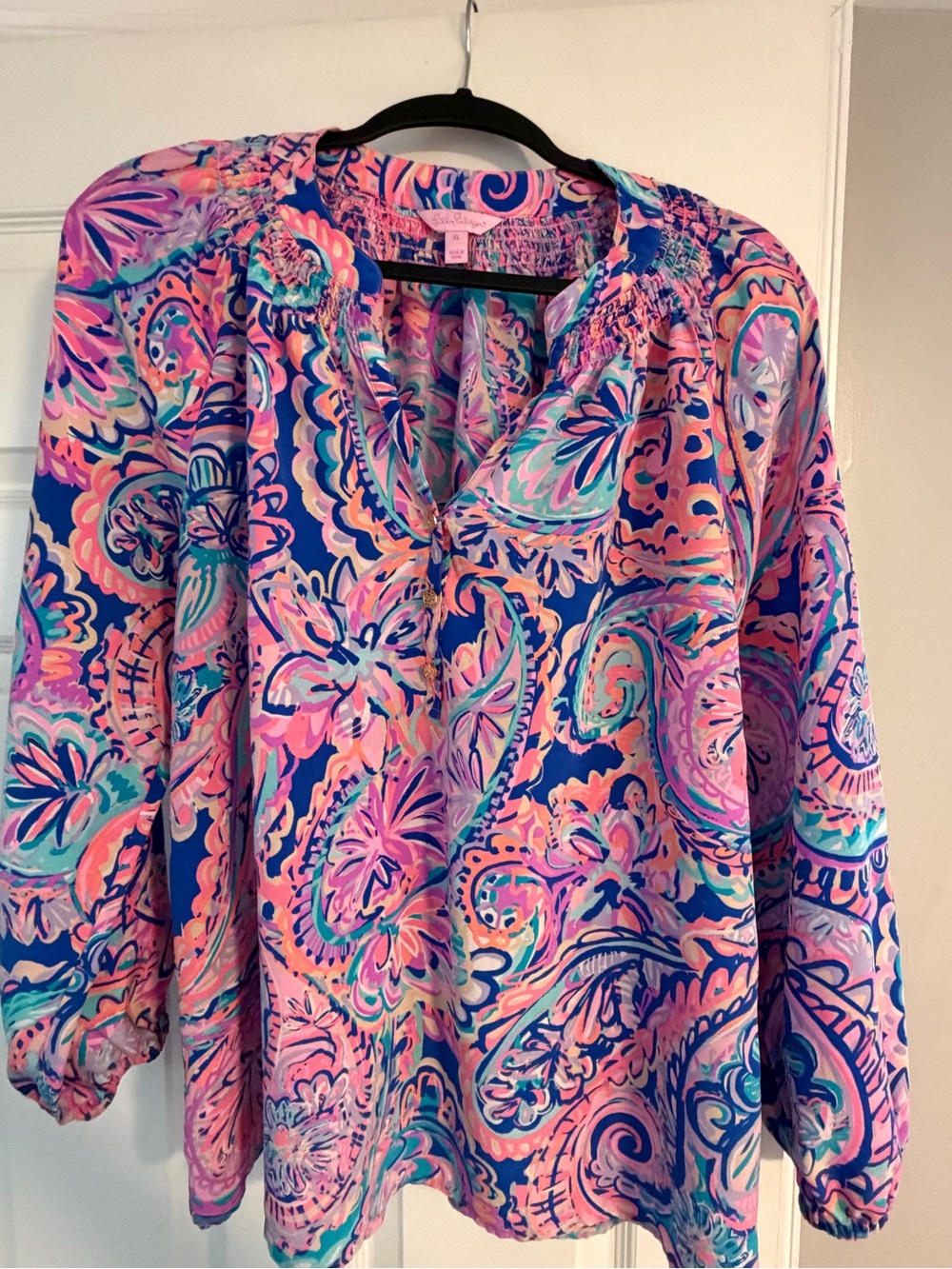 Lilly Pulitzer Pink and Blue Paisley Peasant Blouse